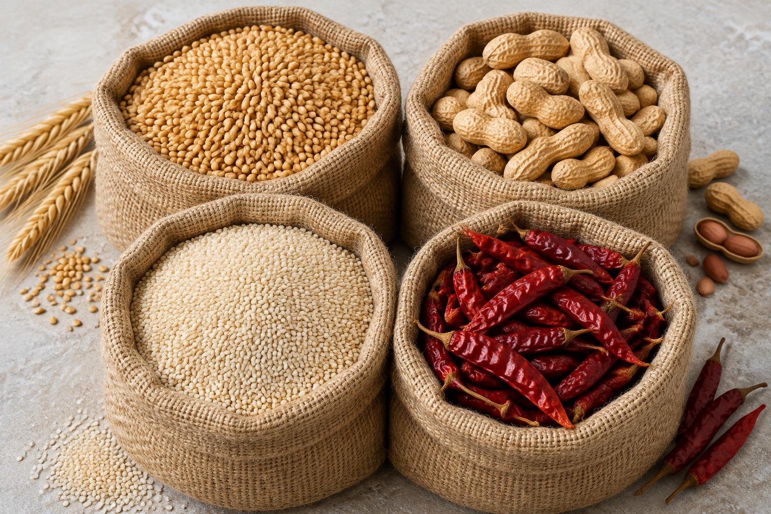 Wheat, groundnuts, sesame seeds and dried red chillies arranged in open jute sacks