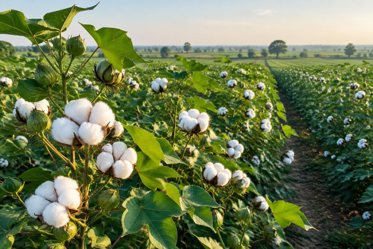 Ripe white cotton bolls growing in a green agricultural field