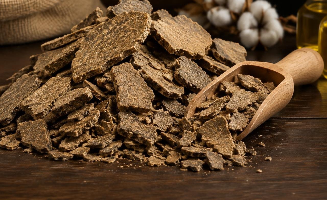 Pieces of cotton seed oil cake with a wooden scoop
