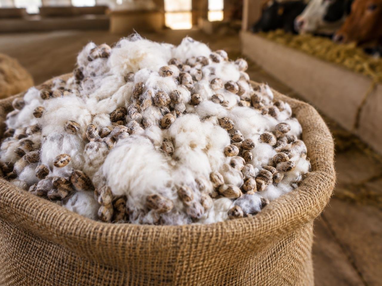 Linted cotton seed in a jute sack for cattle feed