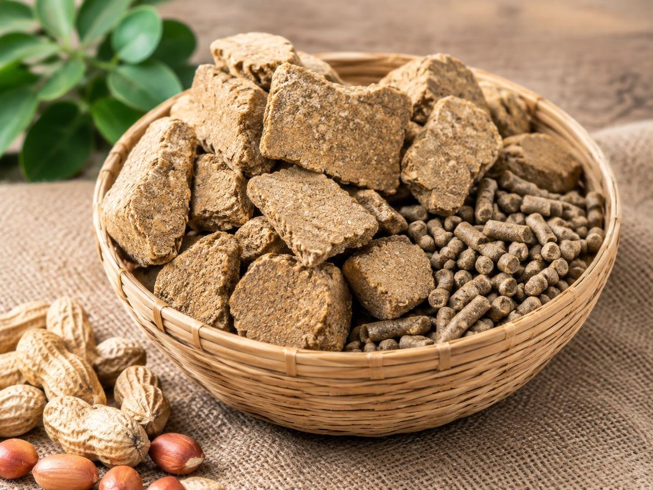 Groundnut seed oil cake chunks and pellets in a woven bowl